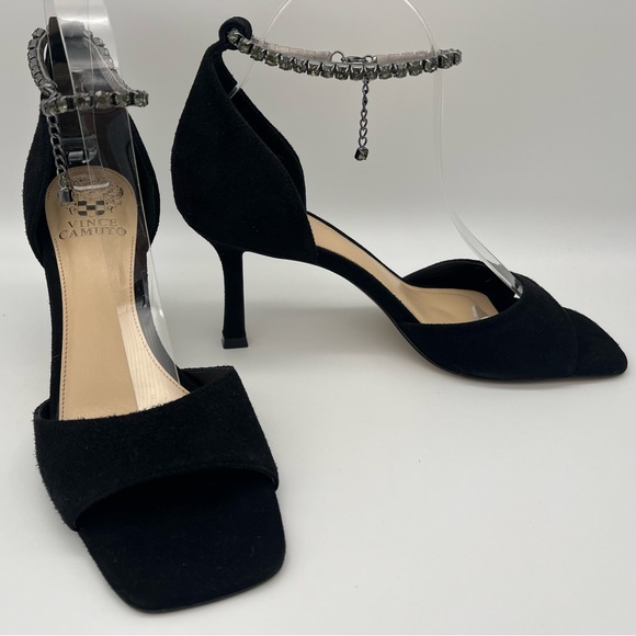 Vince Camuto - Evensa Black Suede 3” Open-Toe Heels Ankle Bracelet Straps NEW - Picture 6 of 9